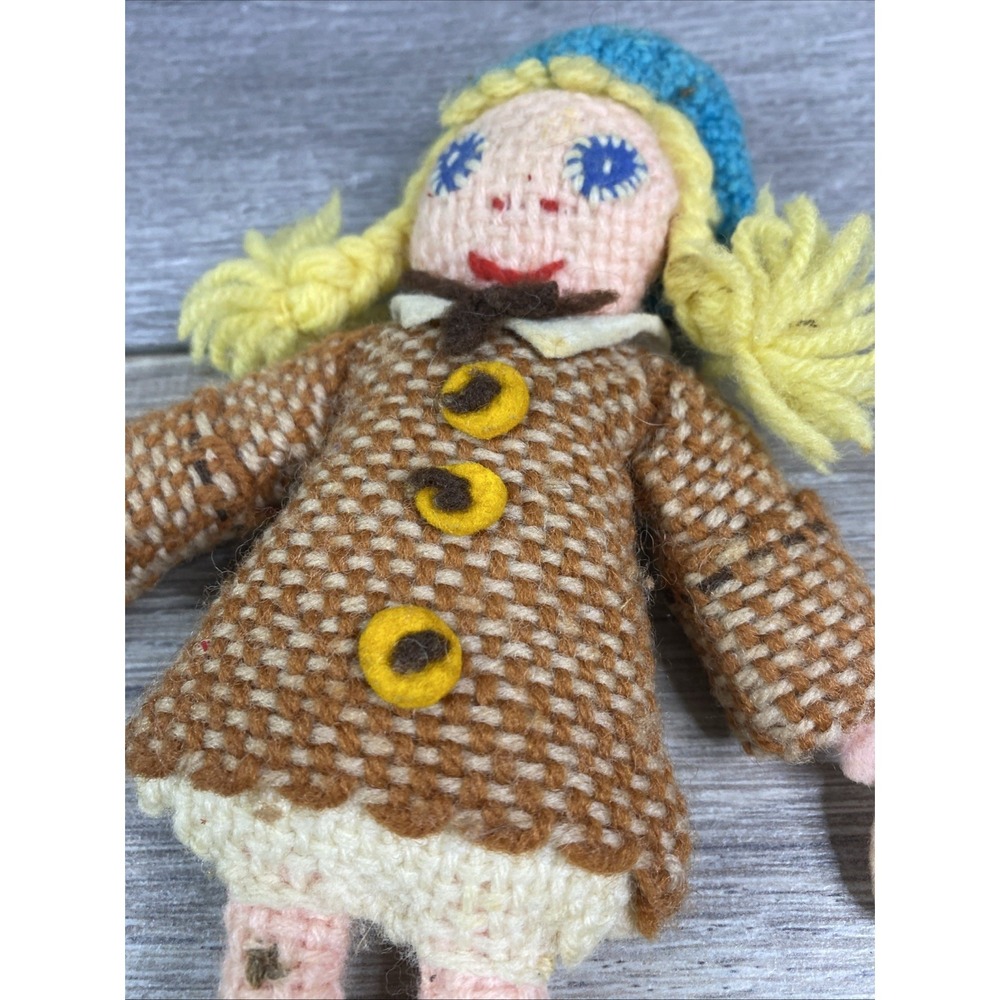 Unbranded Vintage Crochet Doll Girl Small Brown Blue Good Handmade Folk Art Toy - Picture 3 of 10